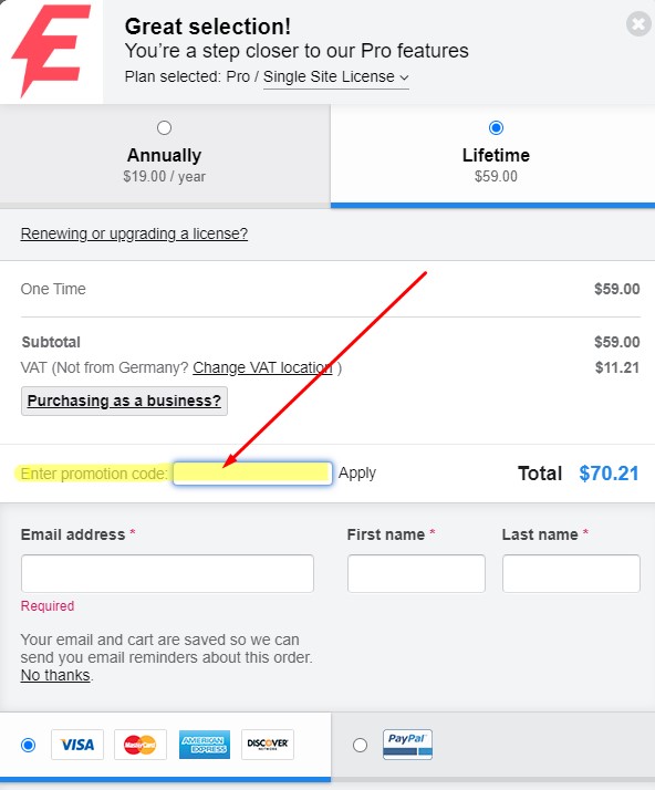 Designer Powerup pour Elementor - Entrez le code de coupon pendant le paiement.