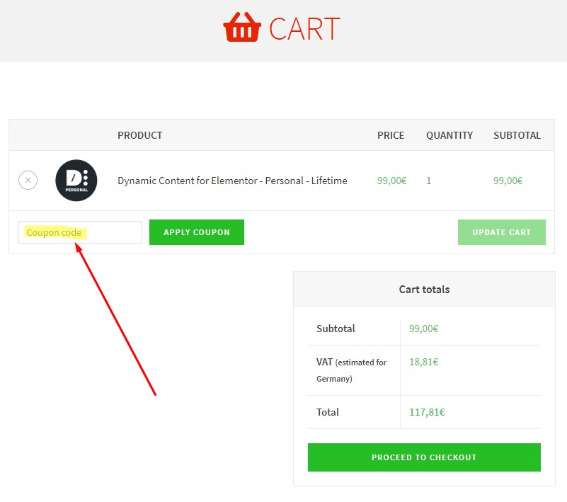 Dynamic Content pour Elementor - Entrez le code de coupon lors de la commande