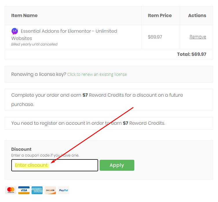 Essential Addons per Elementor - Inserisci il codice coupon durante il checkout