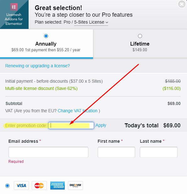 Livemesh Addons für Elementor - Geben Sie den Gutscheincode während des Bestellvorgangs ein