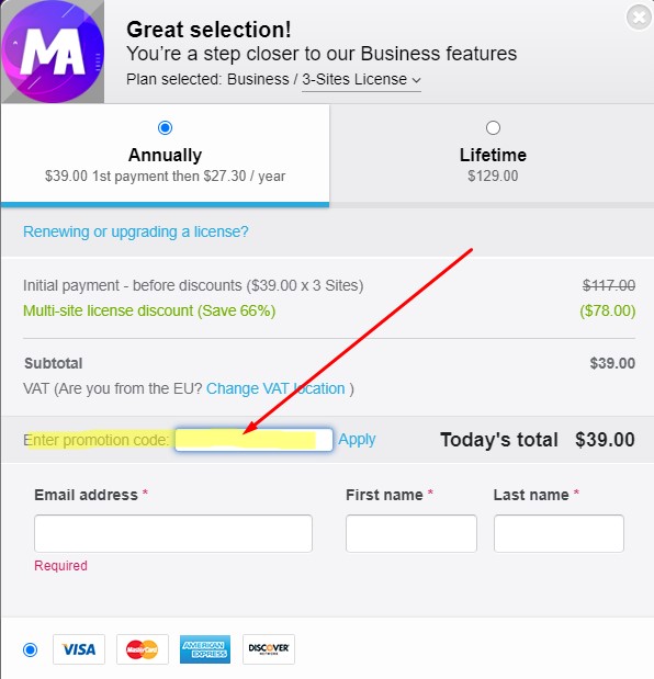 Master Addons per Elementor - Inserisci il codice coupon durante il checkout