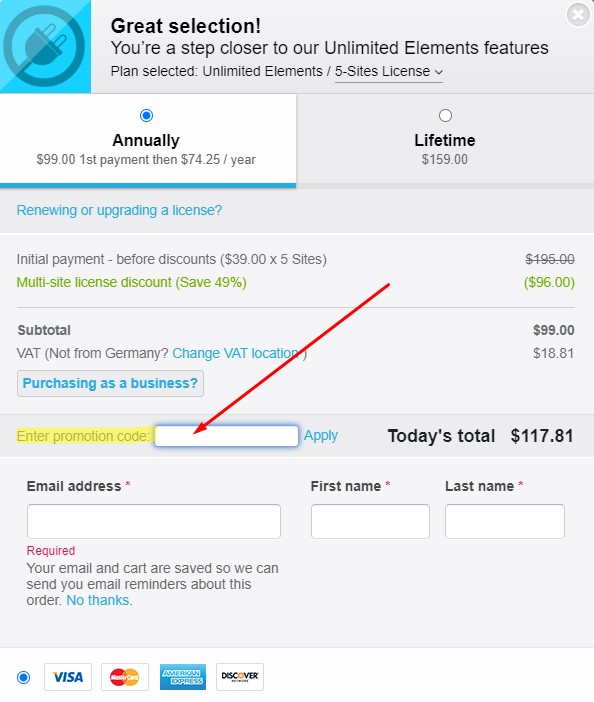 Unlimited Elements - Introduzca el código de descuento durante la compra