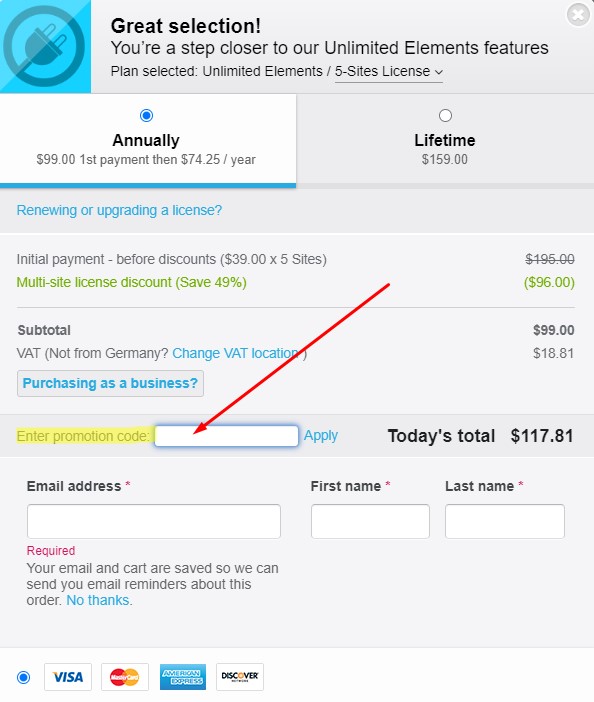 Unlimited Elements - Enter discount code during checkout