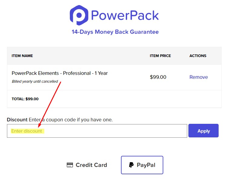 PowerPack Elements - Inserisci il codice di sconto durante il checkout