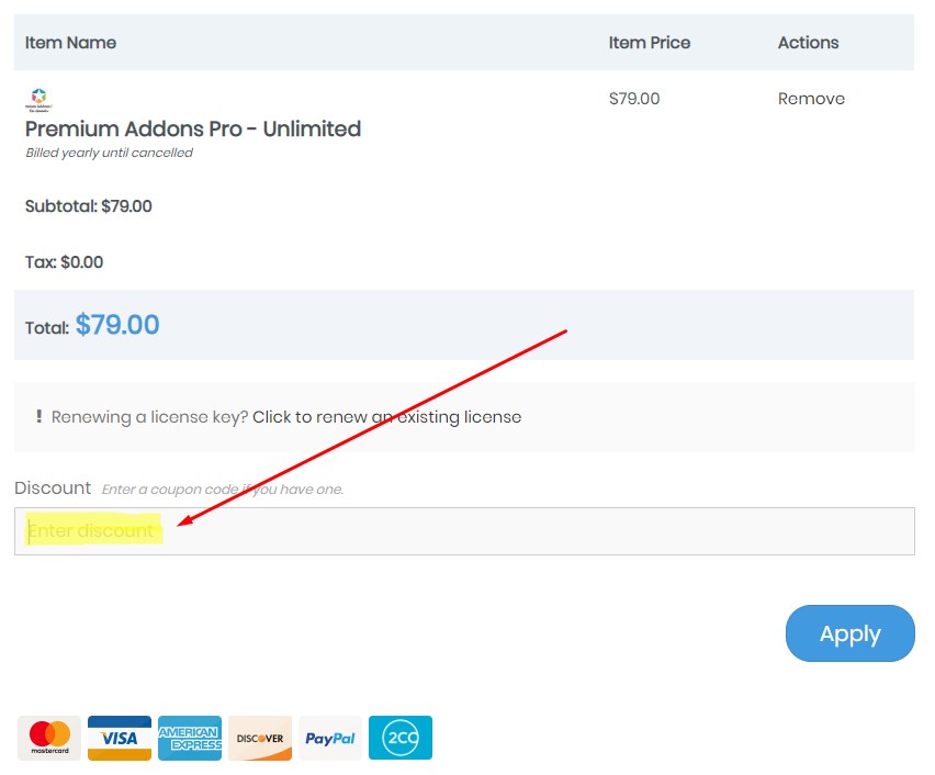 Premium Addons PRO - Inserisci il codice di sconto durante il checkout