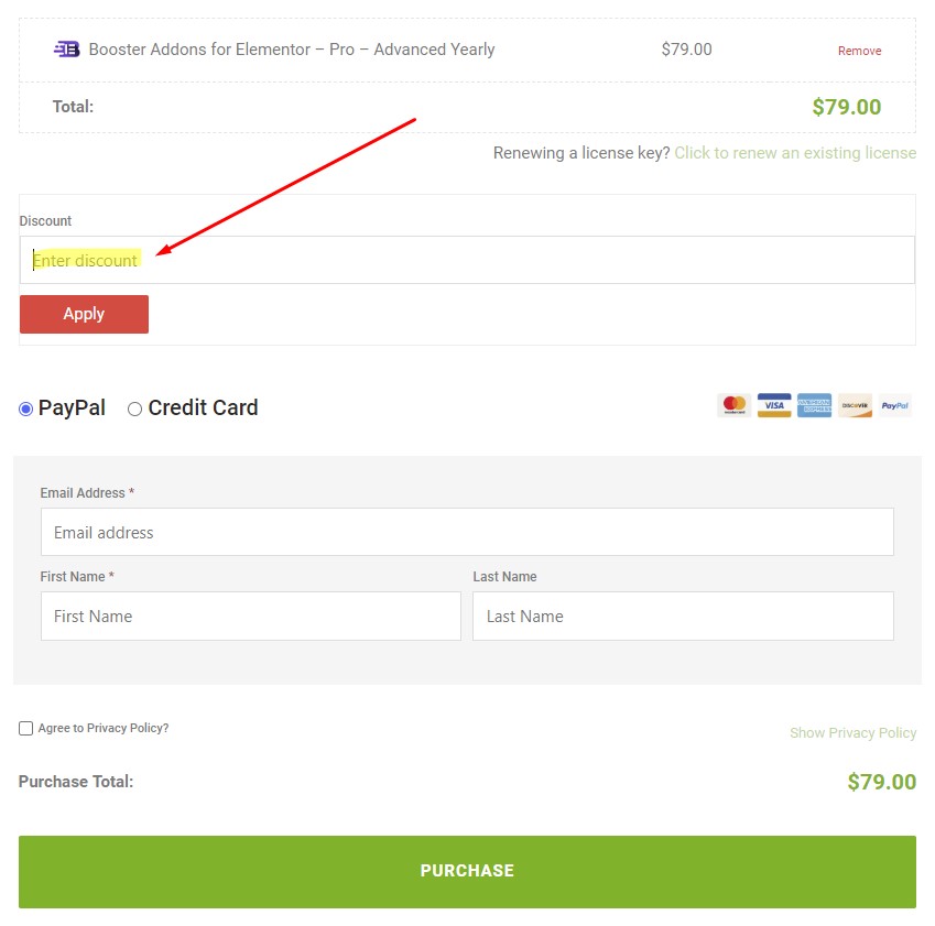 Booster Addons para Elementor - Introduzca el código Discount durante la compra