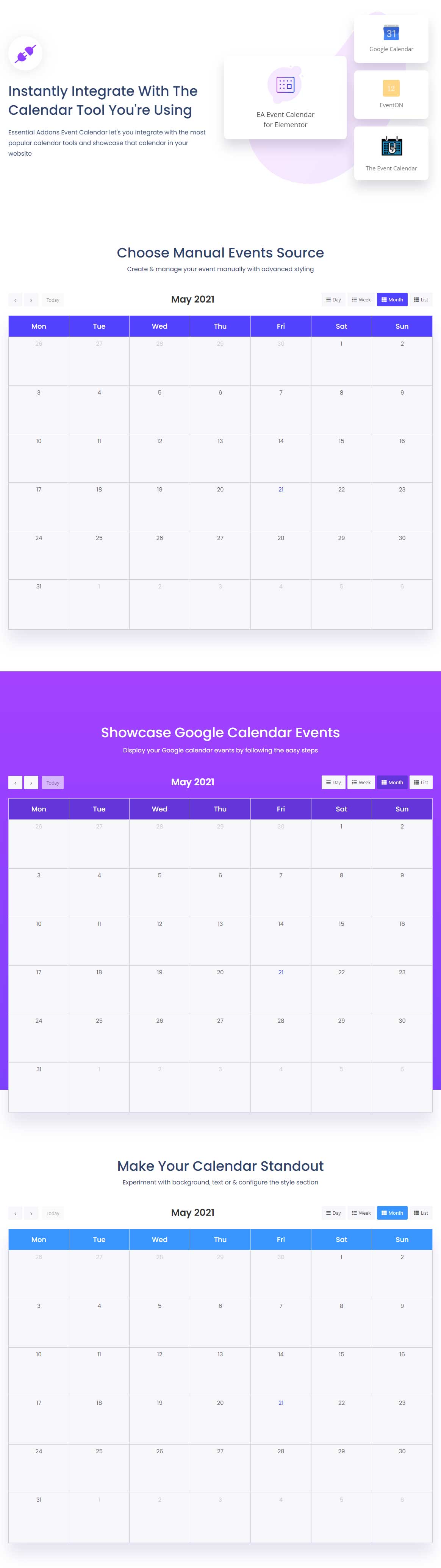 Calendario Widget da Essential Addons per Elementor