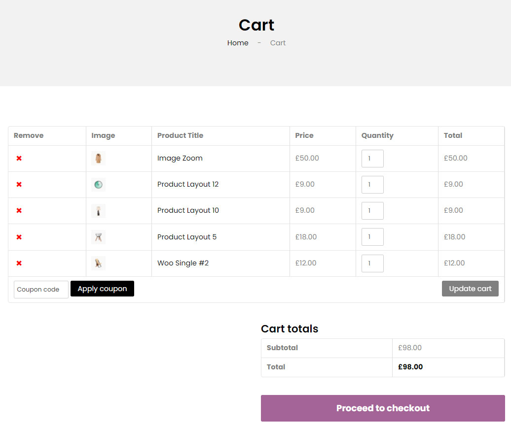 WooCommerce Cart Page Widget da WooLentor per Elementor