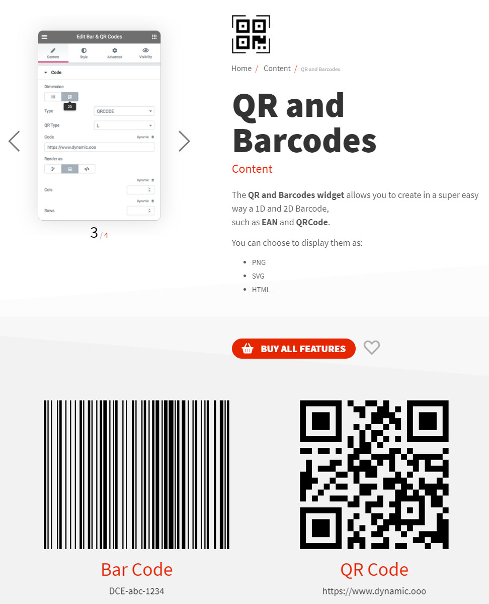 QR Code / Código de barras Widget por Dynamic.ooo para Elementor